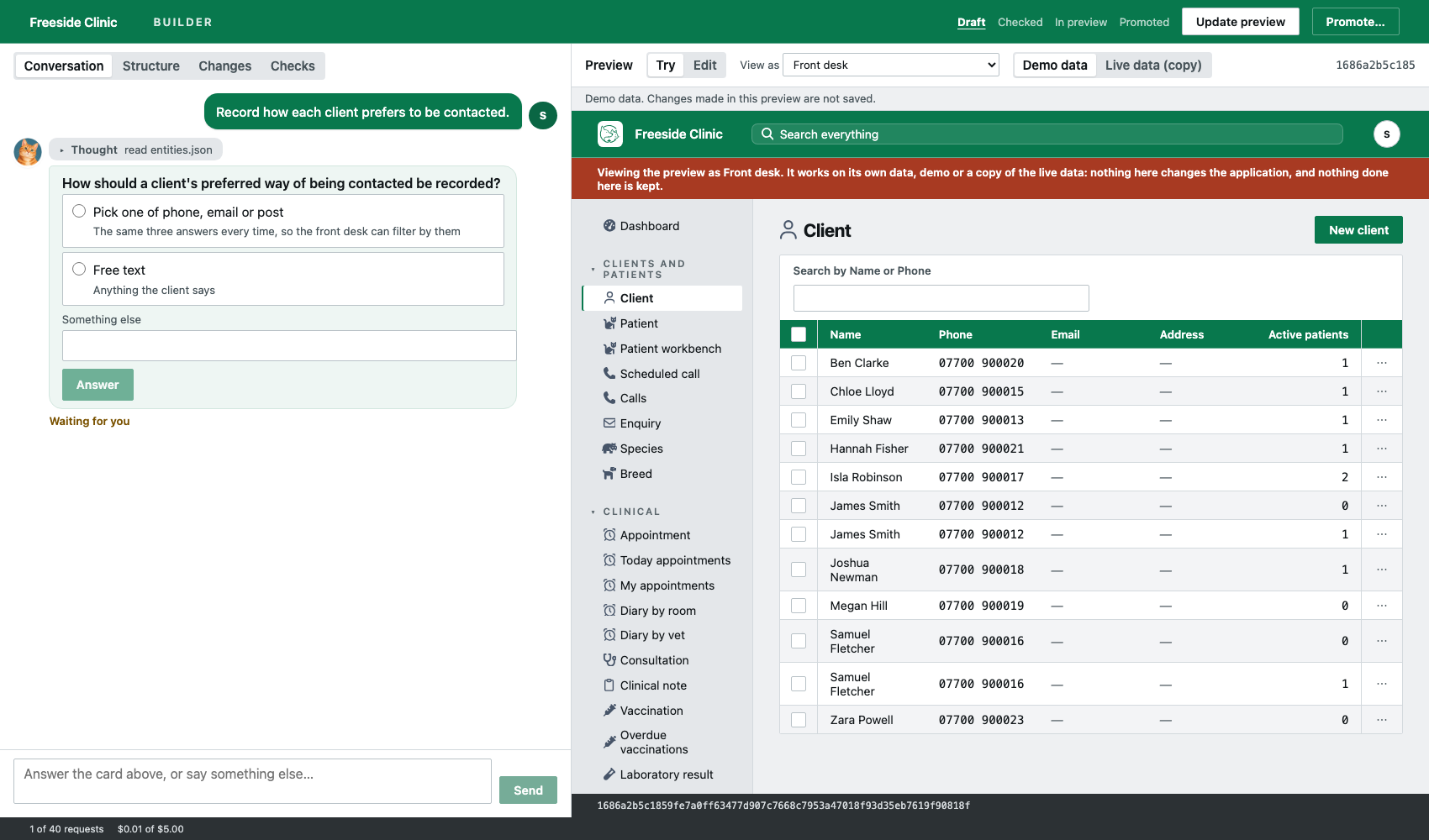 coreflow3 asking whether a client's preferred contact should be a choice of phone, email or post, or free text, before it makes the change.