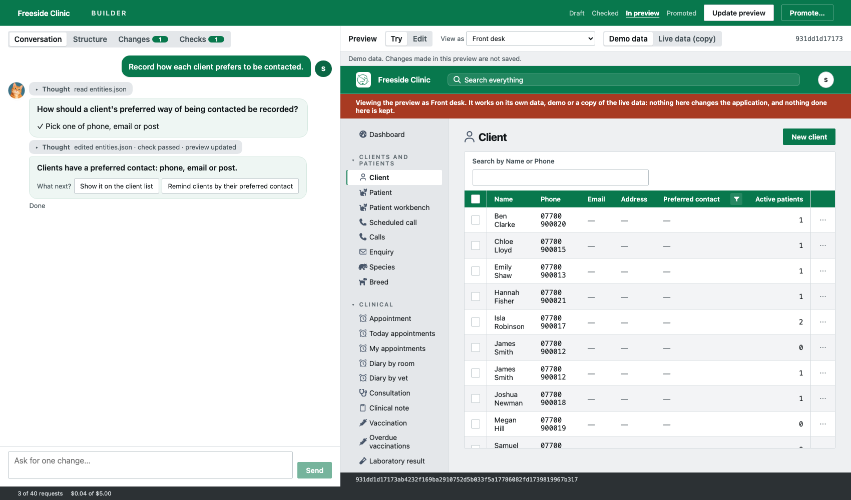 coreflow3 with a conversation on the left and the clinic's client list on the right. The owner asked to record how each client prefers to be contacted, answered a question about it, and the client list now has a Preferred contact column with a filter.