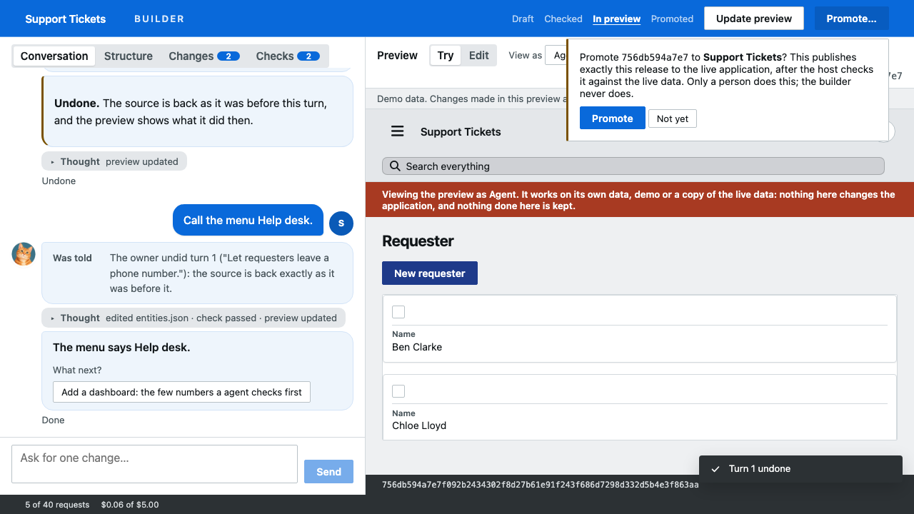 The Promote confirmation, explaining that only a person can publish a release to the live application.