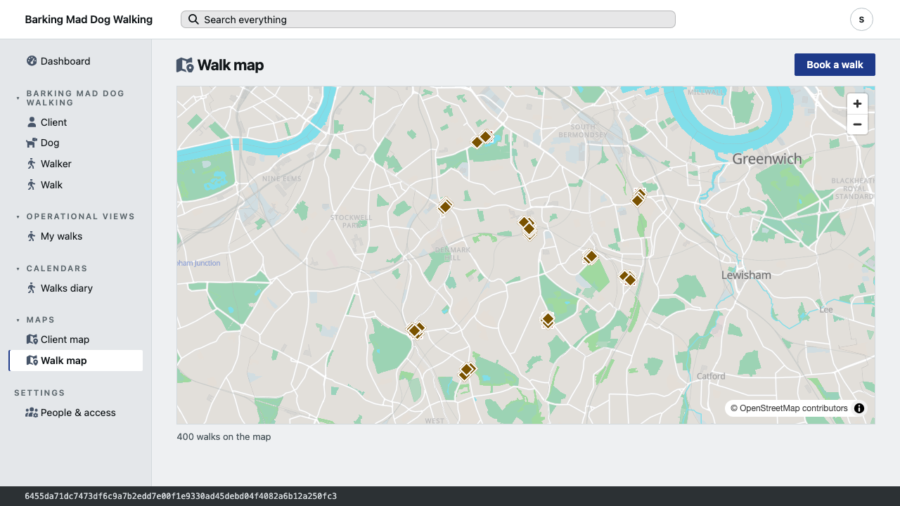 A map of south-east London with 400 dog walks shown as pins.