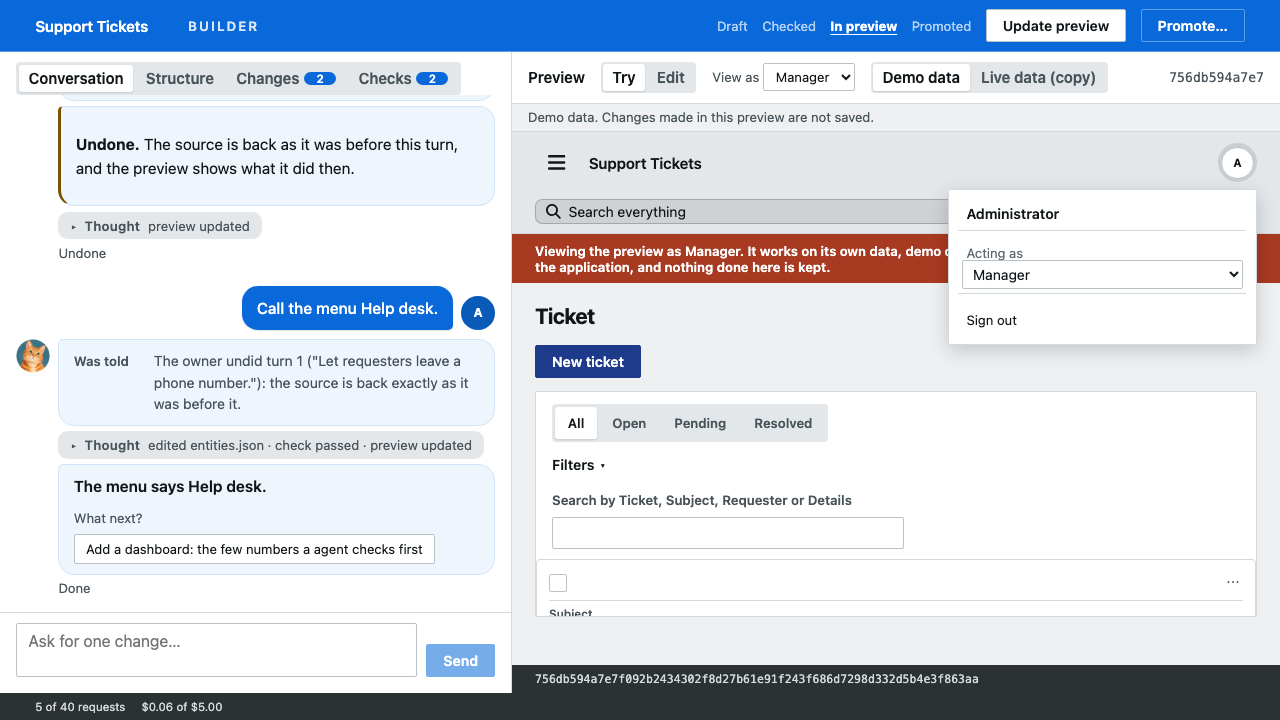 The preview of a support desk viewed as a Manager, with a banner explaining that nothing done in the preview is kept.
