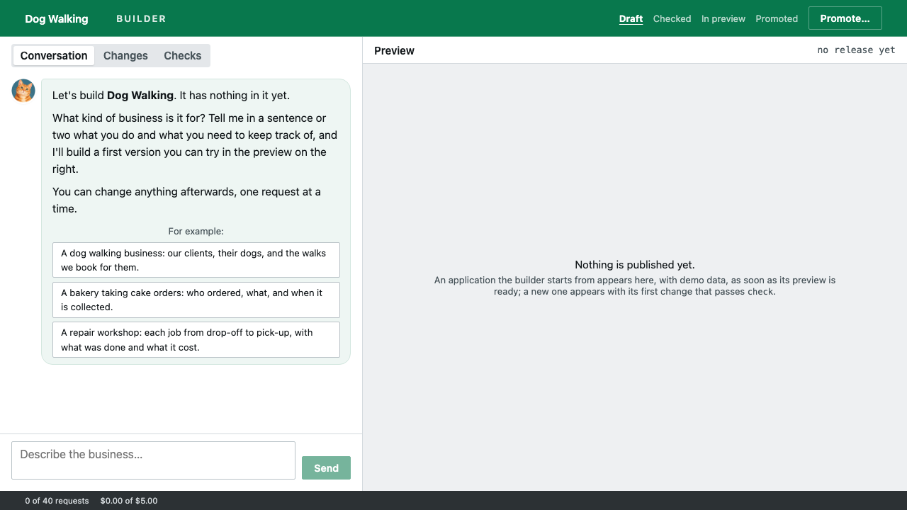 A new application in coreflow3 asking what kind of business it is for, with examples such as a dog walking business, a bakery taking cake orders and a repair workshop.